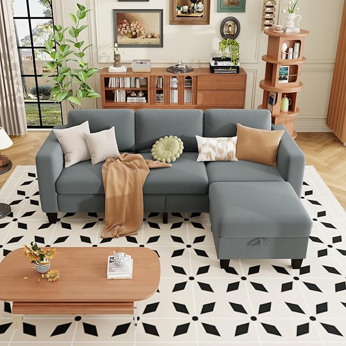 ZeeFu Sectional and Sofa Couches for Living Room - 78'' 3 Seater L-Shaped Modular Couch with Storage Ottoman - Modern Velevt Fabric Upholstered Sofa Set for Small Space Apartment Office