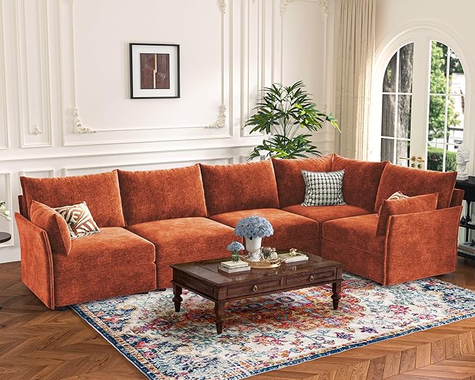 ABCASA 135.5" Oversized Modular Sectional Sofa, L Shaped Convertible Couch with Movable Ottoman, 5 Seat Corner Couches for Living Room Deep Seat Terracotta Orange Chenille