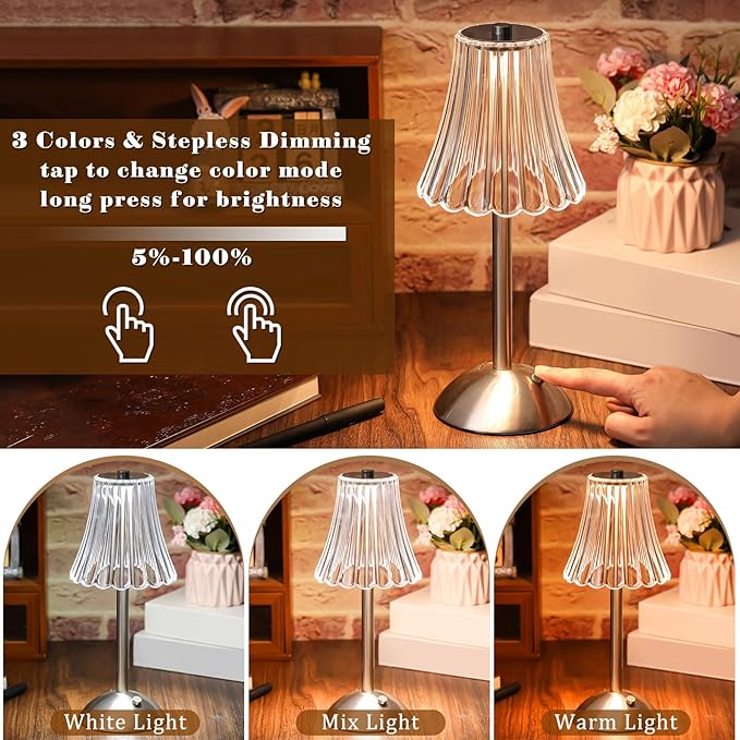 Liliful 2 Pcs Cordless Table Lamp Rechargeable Touch LED Small Gold Portable Battery Operated USB-c Desk Lamp 3 Color Dimmable for Bedroom Living Room Dining (Silver,Rose Style)