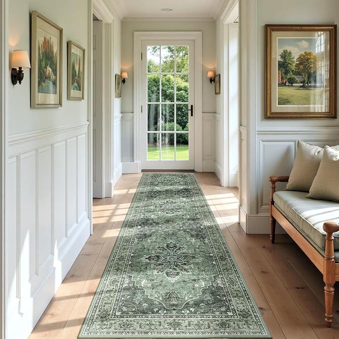 Area Rugs 2'x7' Washable Non-Slip, Floral Vintage Distress Print Pattern Medallion Carpet for Living Room Bedroom Dining Room, Dark Green Gray