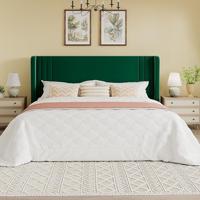SHA CERLIN King Size Velvet Upholstered Platform Bed Frame with Vertical Channel Tufted Wingback Headboard, Wooden Slats Support, Easy Assembly, Under Bed Storage, No Box Spring Required, Green