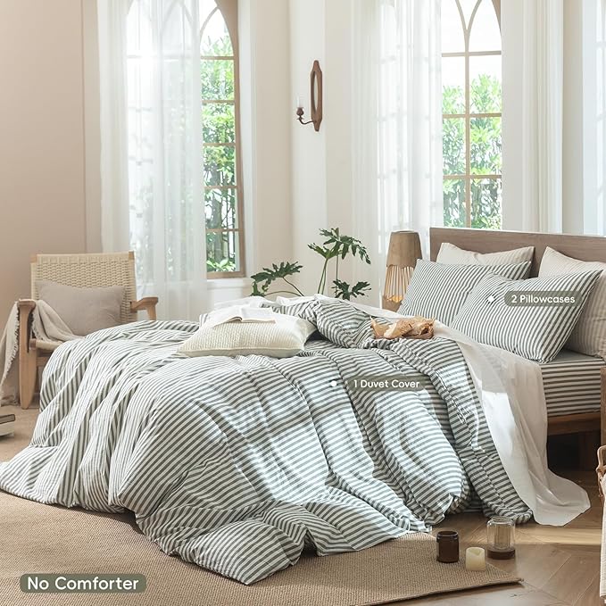 MooMee Striped Duvet Cover Set 100% Washed Cotton Linen Like Textured Breathable Durable Soft Comfy (Heathered Green Classic Stripes, Super King Plus 120"x120")