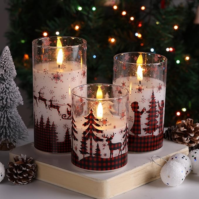 Eywamage Christmas Flameless Pillar Candles with Remote, Red Buffalo Plaid Table Decor, Flickering LED Pillar Candles Set of 3