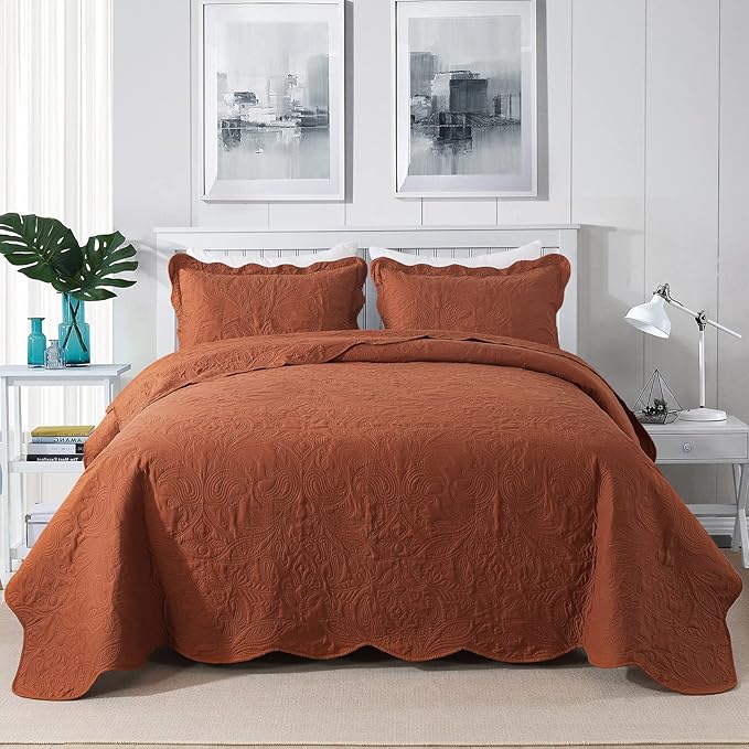 HoneiLife Embroidered Quilt King Size - 3 Pieces Microfiber Quilt Sets Lightweight Bedspreads Reversible Coverlets Retro Bed Cover Paisley Pattern Bedding Set All Season Quilts-Rust
