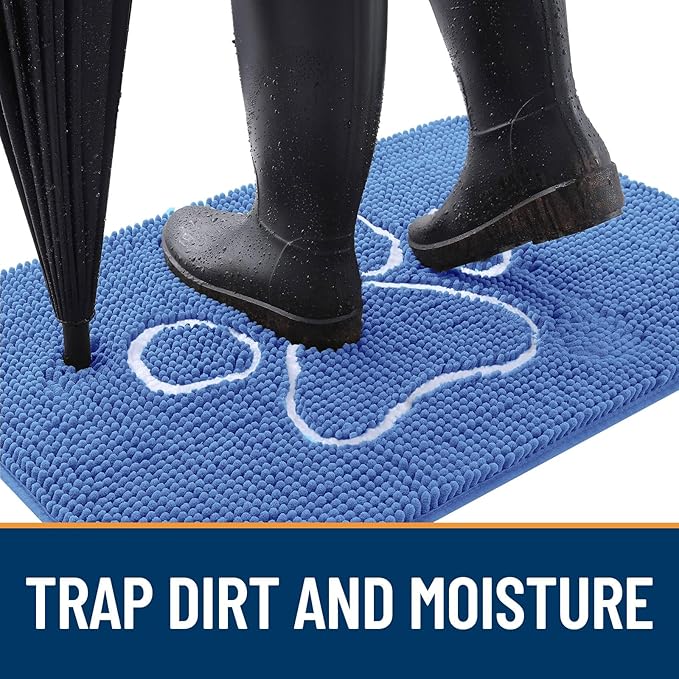 OLANLY Dog Door Mat for Muddy Paws 36x24, Paw Print Design, Absorbs Moisture and Dirt, Absorbent Non-Slip Washable Doormat, Quick Dry Chenille Mud Mat, Entry Indoor Entryway Carpet, Cornflower Blue