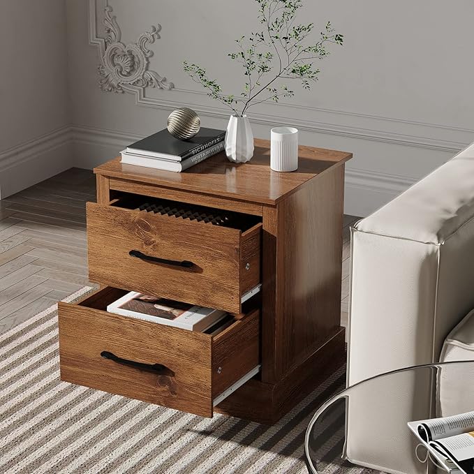 Giantex Farmhouse Nightstand Set of 2, Wood Bedside Table with 2 Storage Drawers, Compact Floor Night Stand, Walnut Accent Sofa Side Table for Bedroom