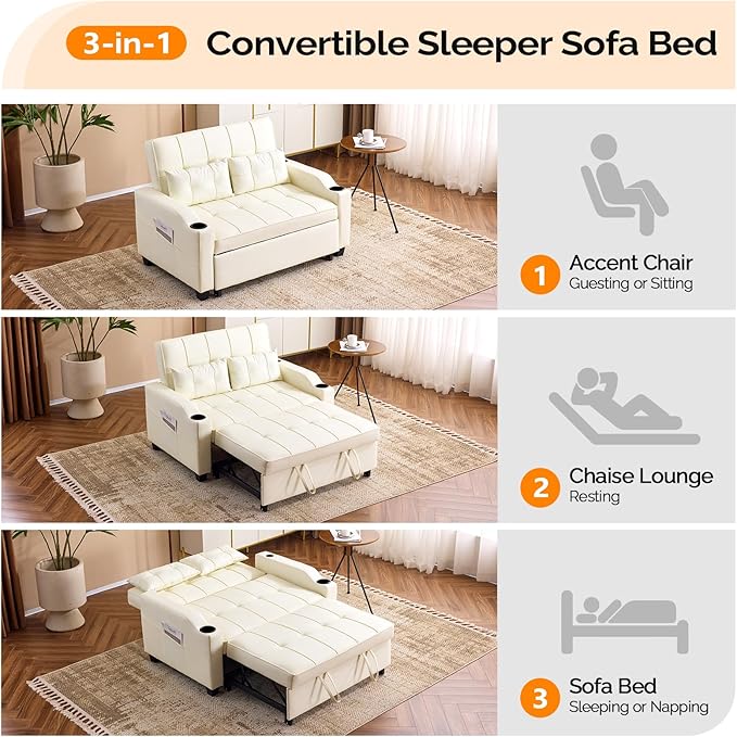 VINGLI Beige Futon Sofa Bed Convertible Loveseat Sleeper Couch, Faux Leather Pullout Sofa Fold Out Couch Bed with USB Ports, Cup Holders, Armrest for Living Room, Bedroom Apartment Room