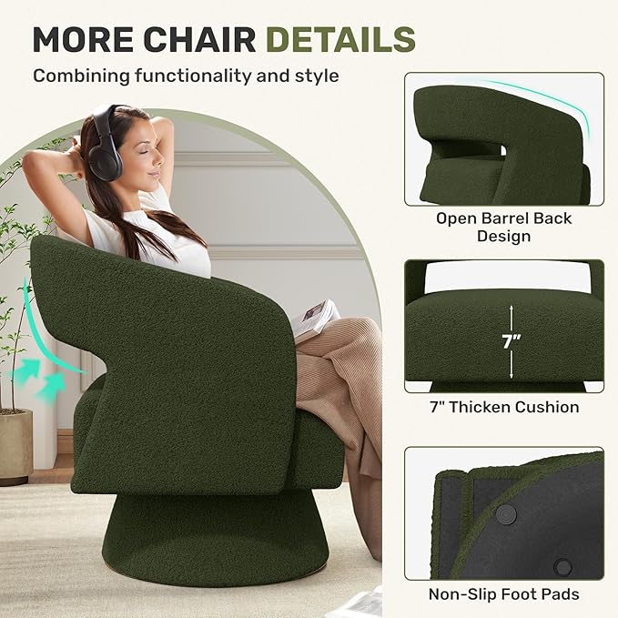 Swivel Accent Chair Set of 2, Modern Comfy Teddy Barrel Chairs, Oversized Upholstered Round Arm Chair for Living Room, Bedroom, Reading Room, Green