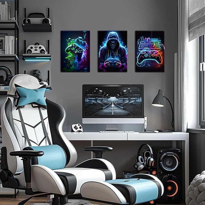 BGFCE Cool Gaming Canvas Wall Art Set of 3, Retro Video Game Watercolor Poster Pictures, Neon Gamepad Gamepad Painting Prints Game Room Bedroom Wall Decor 16x24 in Framed