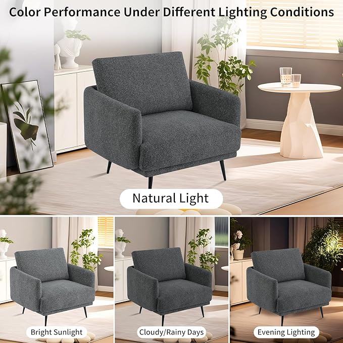 Oversized Accent Chair for Living Room Cozy Reading Chairs Mid-Century Modern Accent Chairs Armchair with Metal Legs Single Sofa Chair for Home Office (Set-of-2, Chenille Fabric- Dark Grey)