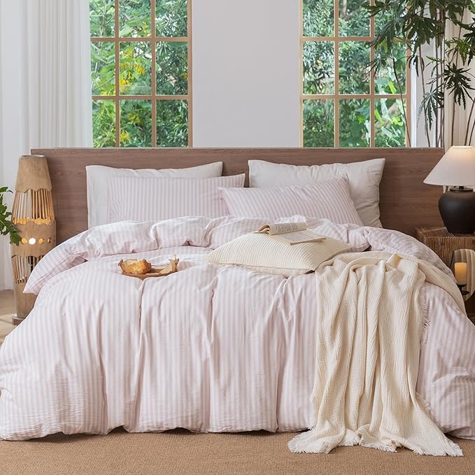 MooMee Striped Duvet Cover Set 100% Washed Cotton Linen Like Textured Breathable Durable Soft Comfy (Heathered Greyish Pink Classic Stripes, Queen 90"x90")