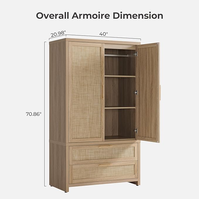 SICOTAS Armoire Wardrobe Closet, Larger Rattan Armoires Wardrobe Cabinet with 2 Large Drawers & Hanging Rod, Tall Closet Storage Cabinet for Cloak Room, Bedroom, Light Oak (3 PCS)