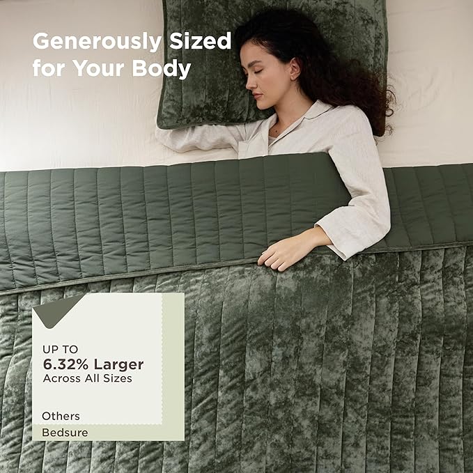 Bedsure Velvet Quilt King Size - 108"x96" Oversized King Size Comforter Set, Luxury Velvet Comforter Bedspread Coverlet, Ultra-Soft Winter Bedding Set with 2 Pillow Shams, Olive Green