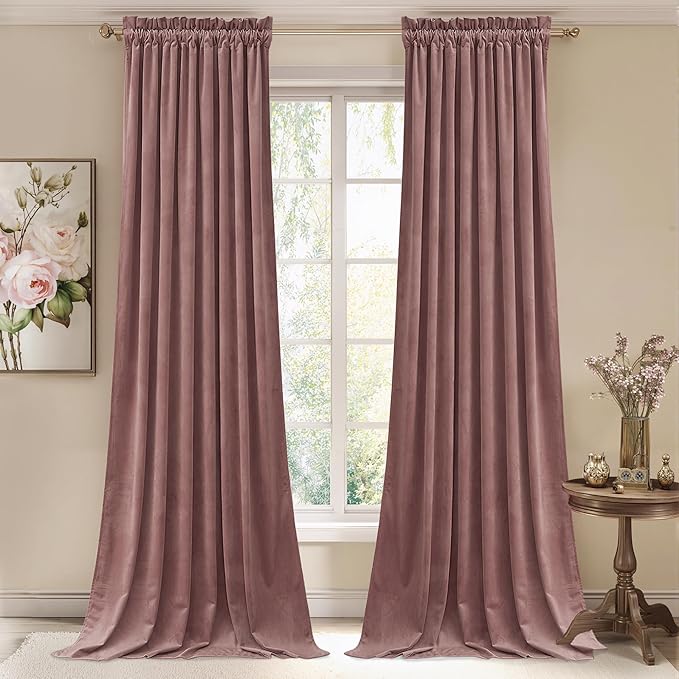 StangH Wild Rose Pink Curtains for Kids Bedroom, Elegant Soft Velvet Room Darkening Window Drapes Rod Pocket Thermal Insulated Sliding Door Panels, W52 x L90, 2 Panels