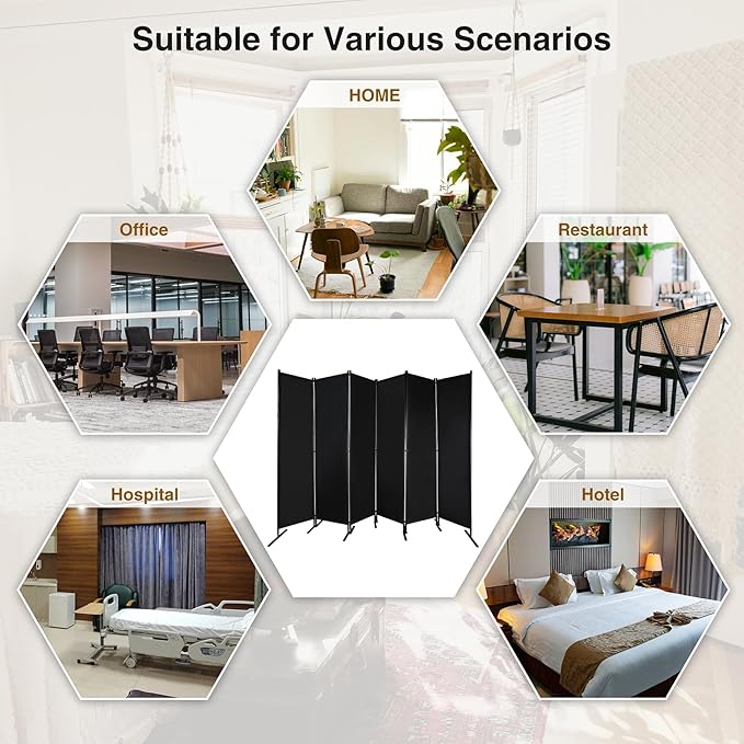 Large 6 Panel Freestanding Folding Room Divider with Support Base, 10FT Wide 6FT Tall Privacy Screen Partition Room Dividers with Freely Combined Connector, 119"x71", Black