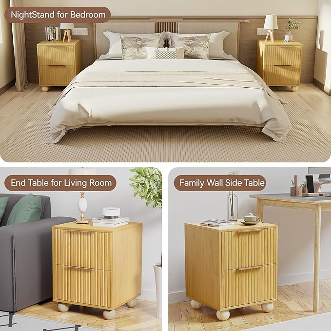 Fluted Nightstand Set of 2, Natural Oak Finish Bedside Table with Spacious Storage Drawers, Night Stand with Solid Wood Round Legs for Bedroom, End Table, Side Table