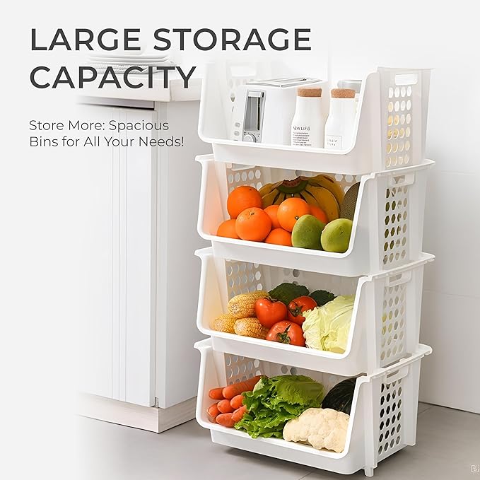 TidyFriend Medium Stackable Storage Bins for Pantry - 4 Pack, Stackable Bins For Organizing Food, Kitchen, and Bathroom Essentials (White)