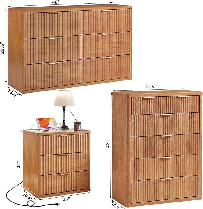 LEYAOYAO Fluted Dressers & Nightstand Set of 3, Wood 48" Wide Dresser & 42" Tall Chest of Drawers,Modern Bedroom Furniture Sets, Brown Wooden Nightstand with 3 Drawers & Charging Station