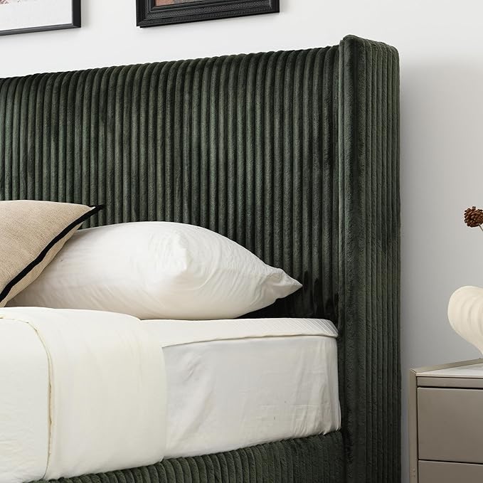 PINJU Full Size Bed Frame, Upholstered Platform Bed with Modern Vertical Striped Wingback Headboard with Wooden Slats, Easy to Assemble No Noise Free (Green, Full)