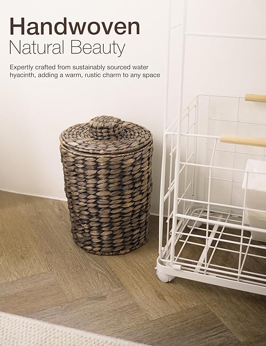 2 Gallons Wicker Waste Basket - Water Hyacinth Bathroom Trash Can - Garbage Can with Lid Boho Style - Wicker Trash Can with Lid for Bedroom, Kitchen - Removable Liner, Handwoven (Black Color)