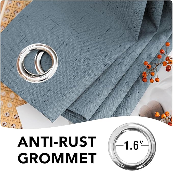 H.VERSAILTEX Linen Curtains 100% Blackout Curtains for Bedroom 90 inch Long Full Light Blocking Nature Linen Blended Window Curtains for Living Room Nickel Grommet (2 Panels, Stone Blue)