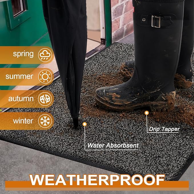 Mibao Front Door Mat, Dirt Trapper Welcome Mat for Outdoor Indoor, Non-Slip Waterproof Doormat, Durable Machine Washable Low Profile Entry Rug for Back Door Outside Patio Porch, 30" x 18", Grey
