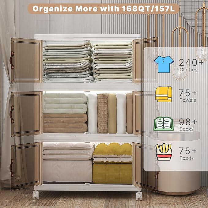 Extra Large Stackable Storage Bins with Lids & Wheels, Foldable Plastic Storage Bins (White, 1008QT-168QT/42GAL*6Pack)