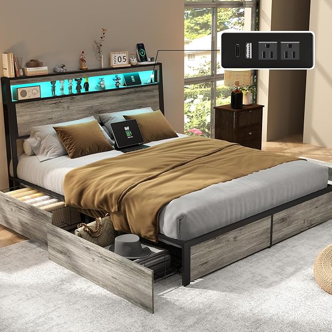 Full Size Bed Frame with 4 Storage Drawers and Headboard with Charging Station and LED Lights,2 Tier Solid Wood Headboard Storage/Noise Free/No Box Spring Needed/Remote Control/Rustic Grey