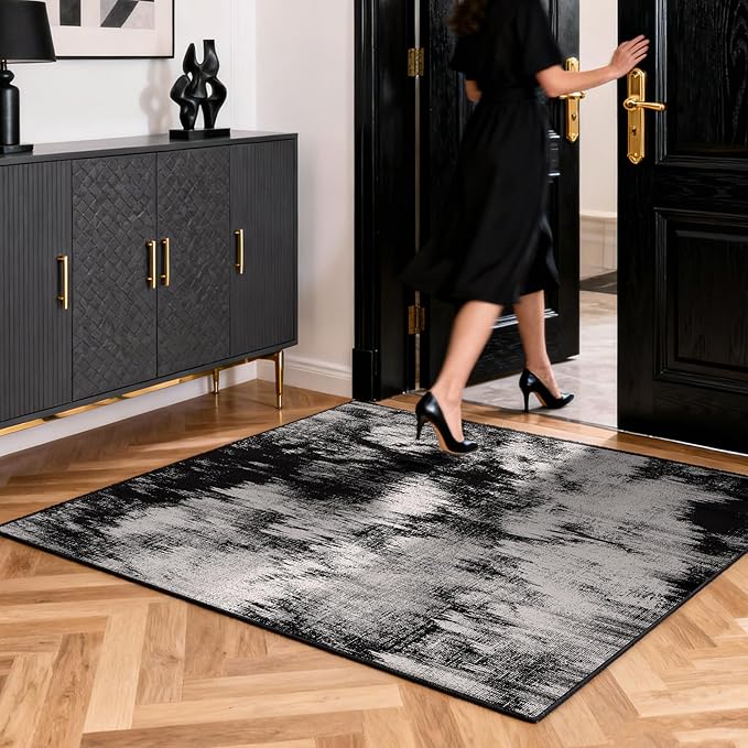 2x3 Washable Area Rug for Entryway：Soft Traditional Printed Area Rug Non-Slip Kitchen Rugs Low-Pile Medallion Indoor Door Mat Small Farmhouse Carpet for Entrance Foyer Bedside Black White 2x3