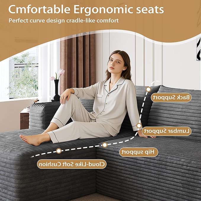 96" Sectional Couches for Living Room Modern Modular Sofa with L-Shape Couchs Upholstered Boneless Couch Deep Seat Sectional Couch with Chaise (Dark Grey, 96" Left Facing Chaise+2Seaters)