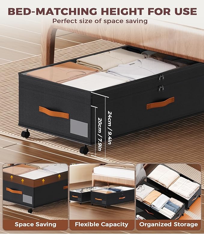 Under Bed Storage, 35.5 inches Under Bed Storage with Wheels, Large Capacity UnderBed Containers with Clear Lids, 2Pcs Rolling Under the Bed Storage for Clothes, Shoes, Blankets (Deep Black)