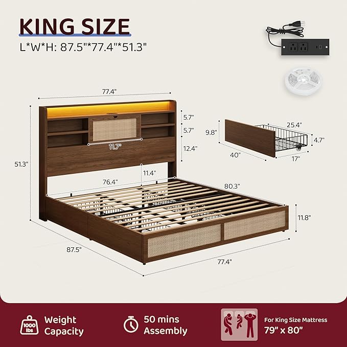 King Size Rattan Bed Frame with 4 Storage Drawers and Hidden Storage Headboard Wooden Platform Bed Frame with LED Lights and Charging Station, No Box Spring Needed, Easy Assembly, Brown