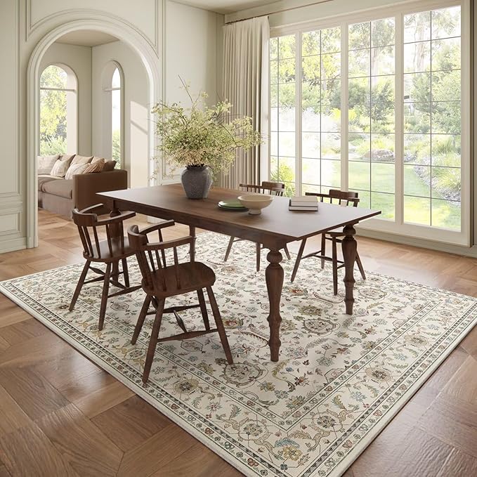 Washable 6x9 Area Rugs for Living Room, Boho Non-Slip Vintage Distress Large Rugs for Bedroom Dining Room Nursery Office, 0.3" Neutral Oriental Throw Thin Carpet, Beige/Rust/Green/Multi