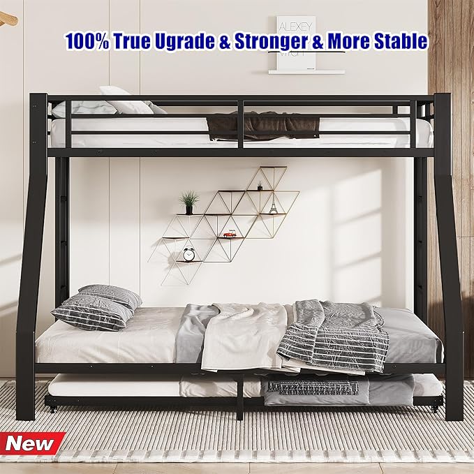 Higher Quality & Stronger Heavy Duty Metal Bunk Bed Frame Twin XL Over Queen Size with Twin Size Trundle for Adults Teens, Thickened More Stable Steel Bunkbed