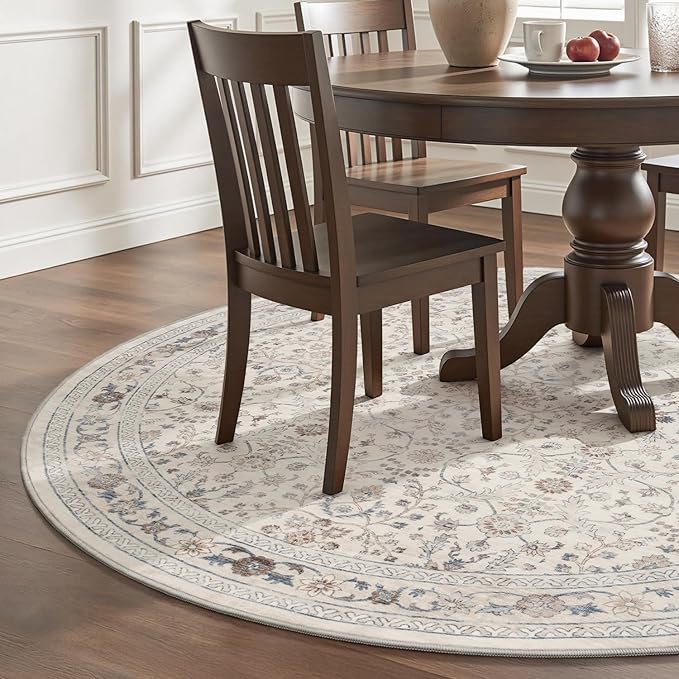 MontVoo-Vintage Area Rug 6X6 Beige Rugs for Living Room-Soft Distressed Printed Rugs for Bedroom-Non Slip Carpet-Machine Washable Rug for Dining Room Living Room Bedside Office