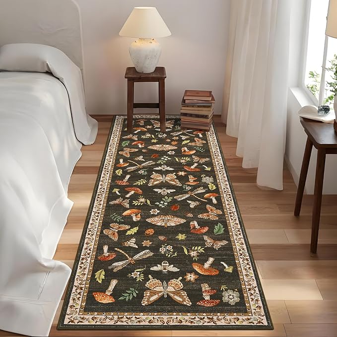 Mushroom Insect Washable Rug 2x6 Runners for Hallways, Boho Kitchen Runner Rugs Non Slip Bath Runner, Modern Bedroom, Soft Long Entryway Bathroom Laundry Dorm, Brown