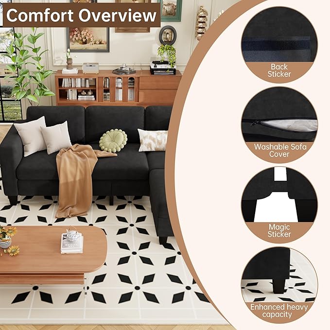 ZeeFu Sectional and Sofa Couches for Living Room - 78'' 3 Seater L-Shaped Modular Couch with Storage Ottoman - Modern Velevt Fabric Upholstered Sofa Set for Small Space Apartment Office