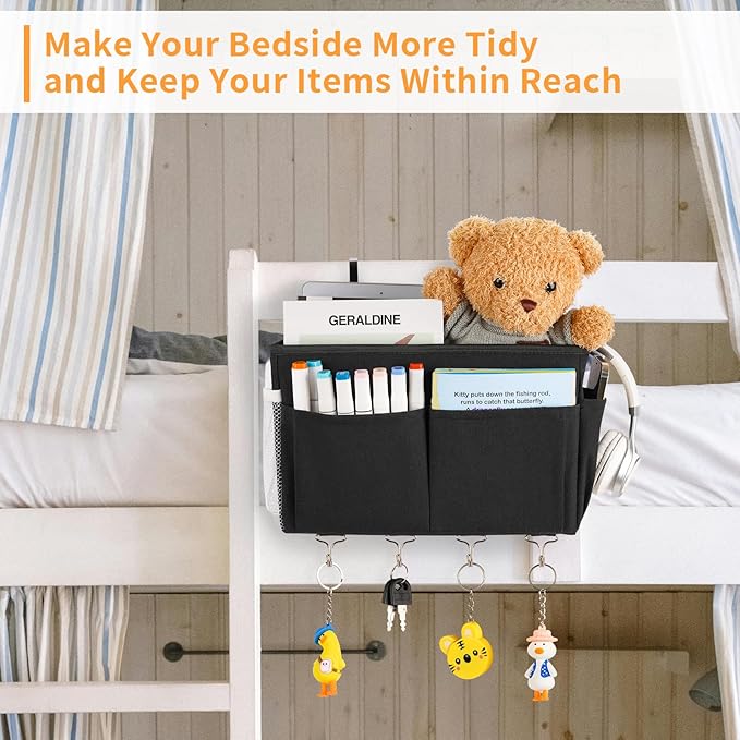 Bedside Storage Organizer 5 Pockets with 4 Hooks Hanging Storage Bag for Headboards/Bunk Bed (Black)