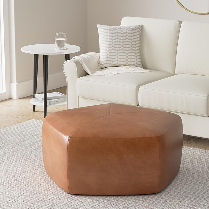 POLY & BARK Porto Ottoman – 37" Pentagon Pouf with Feather-Down Topper – Full-Grain Leather Upholstered Pouf Ottoman for Living Room – Vintage Italian Leather in Cognac Tan