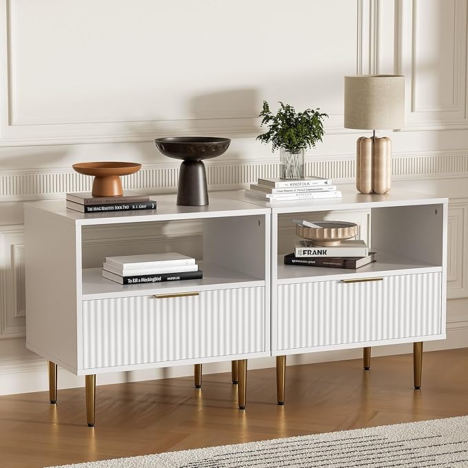 White Nightstand with Drawer, End Table with Storage, Bed Side Table with Open Space for Bedroom, Modern Nightstand with Golden Handle, Side Night Stand for Bedroom, Living Room, White