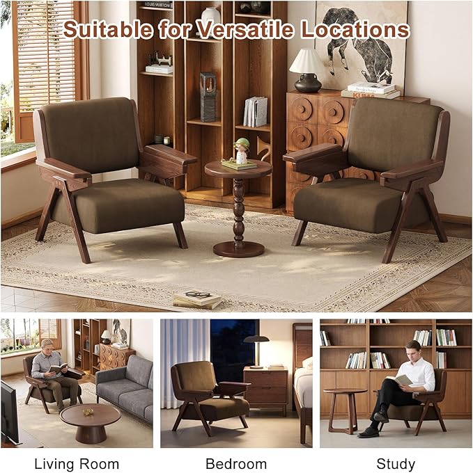 Mid Century Modern Accent Chair, Fabric Upholstered Lounge Arm Chair with Solid Wood Frame for Living Room, Bedroom, Office, Reading Corner (Coffee, Set of 2)