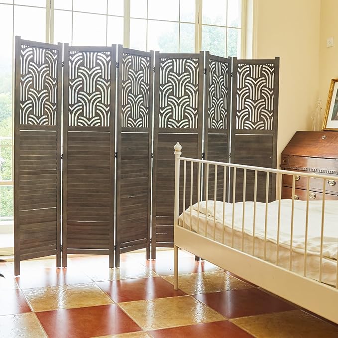 Svimi Folding Room Divider, 66.9 Inch 6 Panels Wood Carved Privacy Screens, Free Assembled Freestanding Portable Separation Wall for Home Office Restaurant Bedroom (Gray)