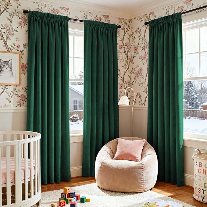 Lazzzy Velvet Blackout Curtains Thermal Insulated Room Window Drapes Super Soft Luxury Curtains for Living Room Bedroom Rod Pocket 2 Panels, Emerald Green, 42" W x 84" L