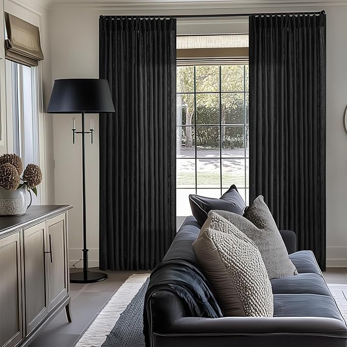 Linen Curtains 108 Inches Long 2 Panels Set for Living Room Farmhouse Boho Linen Textured Pinch Pleated Memory Shape Light Filtering Ceiling Semi Sheer 108 Inch Window Curtain with Hook Rings Black