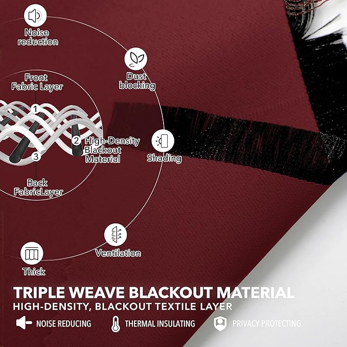 Deconovo Rod Pocket and Back Tab Curtains Thermal Insulated Window Draperies Blackout Drapes for Sunroom 52Wx95L Inch Burgundy Red 2 Panels