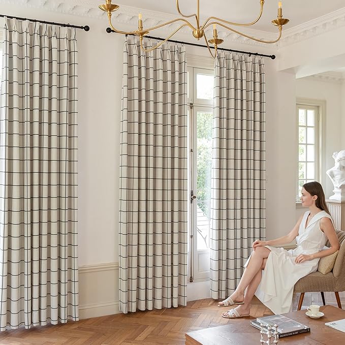 Plaid Pinch Pleated Curtains - Modern Luxury Linen Buffalo Blackout Drapes, Thermal Insulated Double Layer Window Panels for Living Room Bedroom, 120 Inches Long Black 2 Panels Set