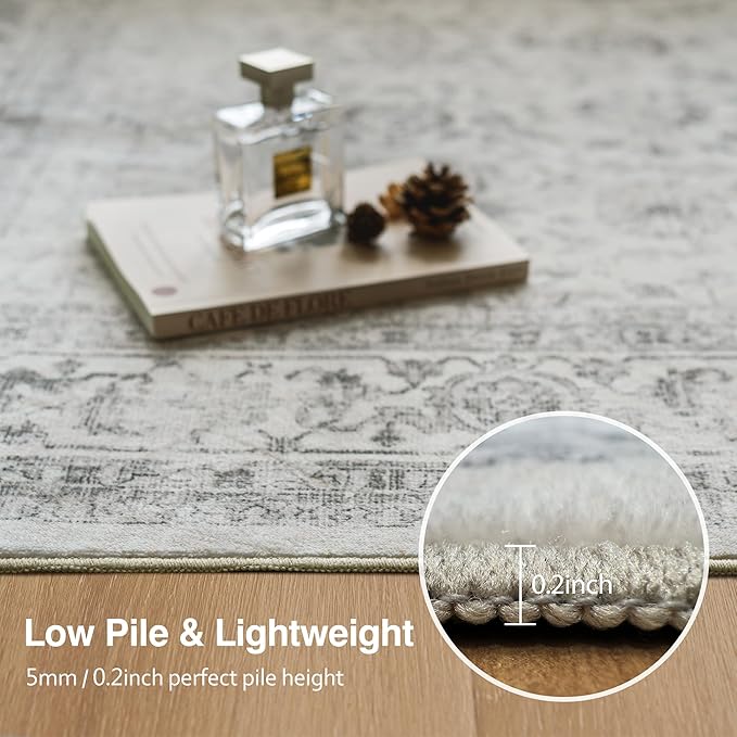 FMFUNCTEX 2x6 Runner Rug Grey Vintage Neutral Washable Distressed Non Slip Low Pile Indoor Carpet Soft Retro Floral Hallway Entryway Rug for Kitchen Living Room Bedroom Bathroom Laundry Entry Bedside