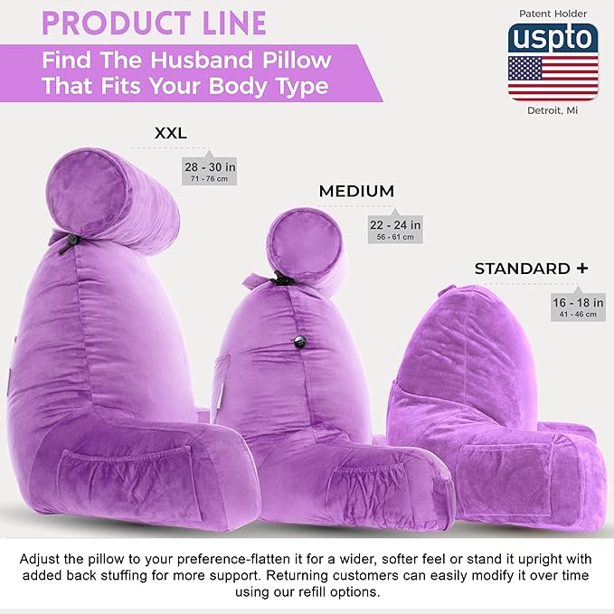Husband Pillow Light Purple, Original Reading Pillow in Bed Rest Chair, Shredded Memory Foam Large Lounge Cushion Adult Backrest with Arms, Comfy Back Support for Sit Sitting Up, Wash/Removable Cover