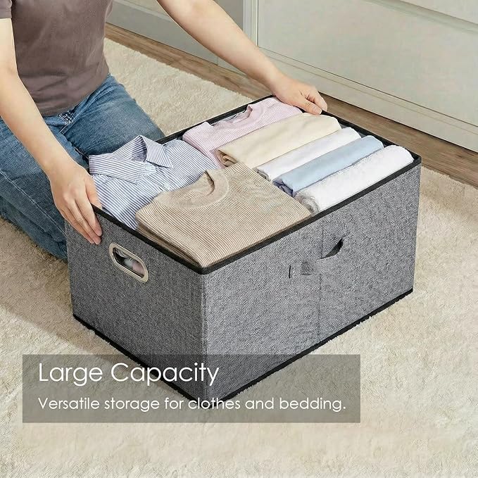 PRANDOM Storage Bins with Lids [3-Pack] Linen Fabric Foldable Storage Boxes Organizer Containers Baskets Cube with Cover Grey(23.4X15.9X11.4)