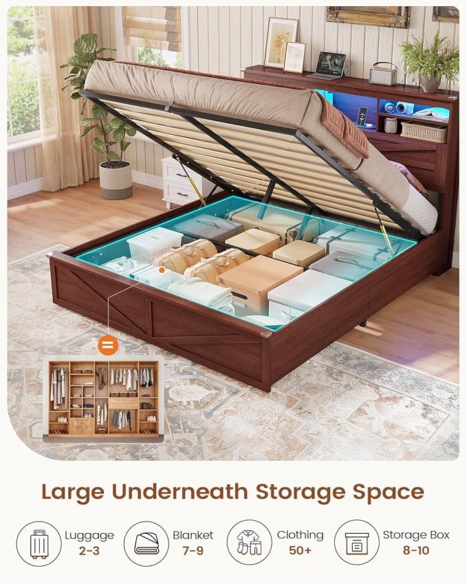 AOGLLATI Farmhouse Bed Frame Queen Size with Lift Up Storage & Hidden Bookcase Storage Headbord, Wooden Queen Bed Frame with Charging Station, Led Lights, No Box Spring Needed, Brown